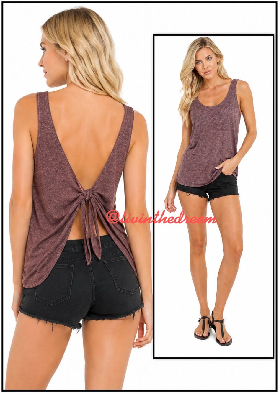 Lanston Tie Open Back Tank Top In Mauve Pink Heather SZ S $79